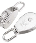 6 Pack M50 Single Pulley Block, 304 Stainless Steel Lifting Wire Crane Pulley Roller, Heavy Duty Silver Swivel Hook, side and top view