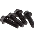 M5x anodized black aluminum lightweight bike bottle cage bolts, 4-pack for braze-ons, ideal replacement hardware for standard bike mounts.