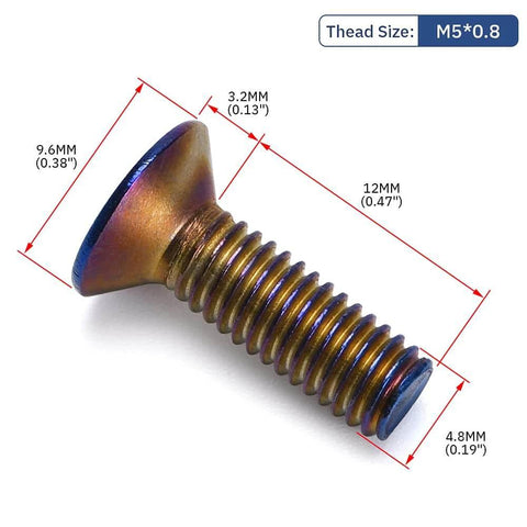 Close-up of PQY 6pcs Steering Wheel Screw Bolt, Taper M5×0.8, 15mm length, burnt titanium finish, flat head, labeled dimensions.