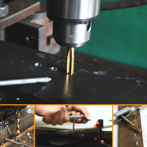 M5x0.8 Tap and 4.2mm HSS Drill Bit Set for Metal with M2 Taps titanium plated being used in metalwork.