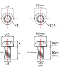Dimensions of 12 Pcs M5x10 Titanium Torx Bolts for Bicycle Disc Brake Rotors, T25 head specifications and measurements.