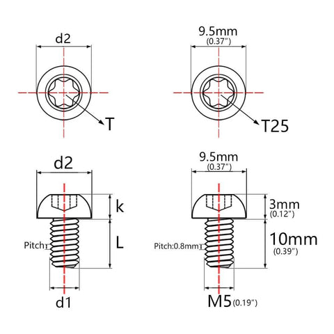 12 Pcs M5x10 Titanium Torx Bolts for Bicycle Disc Brake Rotors technical drawing showing dimensions, T25 head and M5 thread size.
