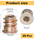 Front and side view of 20 Pack M5x10mm Threaded Wood Inserts with hex drive, carbon steel material, for durable wood joints in cabinets.