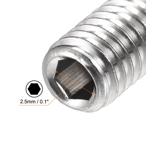 Close-up of M5 X 12mm ball point set screw with ball plunger in 304 stainless steel, showing hex socket drive, for precision alignment.