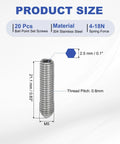 Detailed size chart of M5x20mm Ball Point Set Screws 304 Stainless Steel 20 Pieces Hex Socket, showing dimensions and thread pitch.