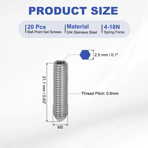 Detailed size chart of M5x20mm Ball Point Set Screws 304 Stainless Steel 20 Pieces Hex Socket, showing dimensions and thread pitch.