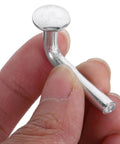 Close-up of a single Pallet Rack Drop Pin, M5x5mm J Bolt Safety Clip, held between fingers, steel material for warehouse and home shelving.