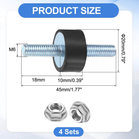 Built Tough M6 X 18mm Rubber Mounts With 10 X 20mm Cylindrical Anti Vibration Isolators, 45mm Overall Length, Double Studs With Nuts, 4 Pack