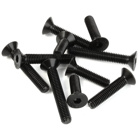 Black M6 x 20mm flat head socket cap screws set, alloy steel grade 10.9, with hex drive, DIN 7991 for precise assemblies, 25 pieces shown.