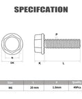 Diagram of M6 Flanged Hex Head Bolts 1.0 x 20mm 10.9 Grade Alloy Steel Black Zinc Plated 49 Pcs with dimensions