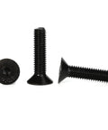 Three M6 X 20mm flat head socket cap screws with hex drive and black oxide finish on a white background, showing front and side views.