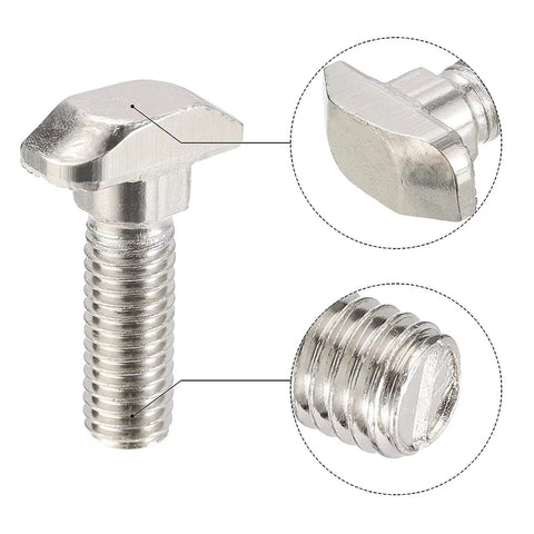 Close-up of M6 30mm Hammer Head T Slot Bolts for 3030 aluminum extrusion, nickel-plated carbon steel, detailed view.