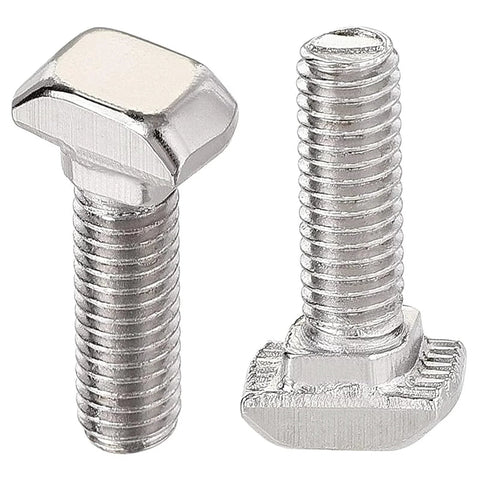 M6 30mm Hammer Head T Slot Bolts For 3030 Aluminum Extrusion with nickel plated finish, close-up of thread and head design, pack of 30