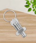 Stainless Steel Spring Plunger with Pull Ring Set on wood surface, Stubby Hand-Retractable Non-Locking Index Plunger, M16 Size