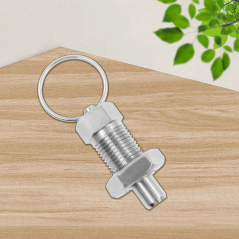 Stainless Steel Spring Plunger with Pull Ring Set on wood surface, Stubby Hand-Retractable Non-Locking Index Plunger, M16 Size