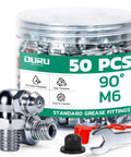 Grease Fittings Kit OURU 50 Pack M6 90 Degree Zerk Grease Fittings With Caps And 9mm Wrench for tight spaces and grease guns