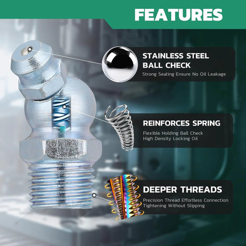 Close-up of Grease Fittings Kit OURU 50 Pack M6 90 Degree Zerk Grease Fittings with stainless steel ball check and reinforced spring.