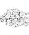 Pile of 100 piece aluminum pull rivet nuts set flat head M6 for metal plates and pipe fastening with organized plastic box visible on surface