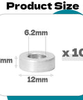M6 Aluminum Spacers Set, 10 Pieces, Silver Round Screw Standoffs 6.2mm ID X 12mm OD X 4mm Thick For M6 Bolts, product size diagram