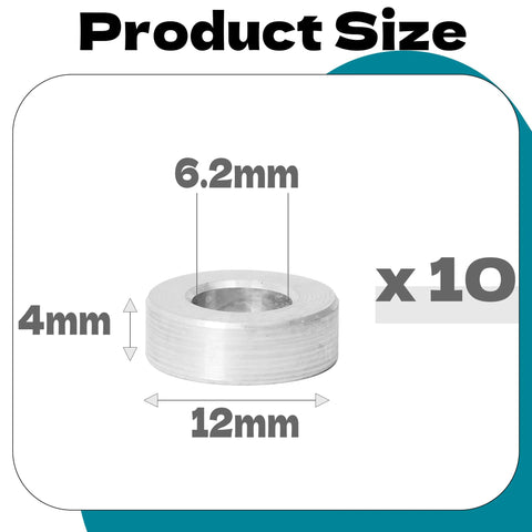 M6 Aluminum Spacers Set, 10 Pieces, Silver Round Screw Standoffs 6.2mm ID X 12mm OD X 4mm Thick For M6 Bolts, product size diagram