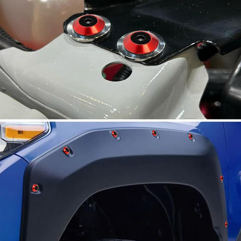 Close-up of red 24 Piece M6 18mm Anodized Aluminum Tapered Washer Kit for Widebody Flares installed on vehicle fender and bumper.