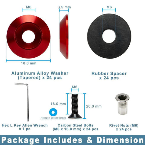 Components of 24 Piece M6 18mm Anodized Aluminum Tapered Washer Kit for Widebody Flares, including bolts, spacers, and washers.