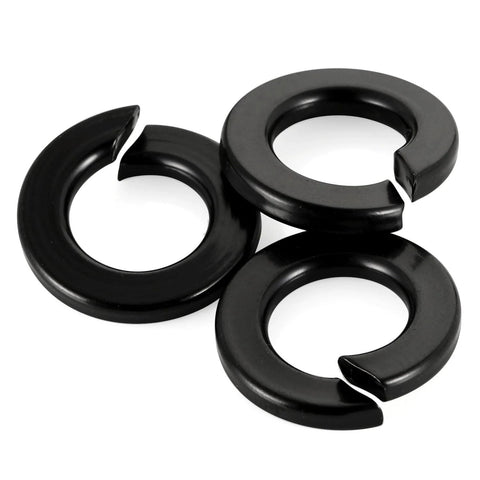 Three M6 Black Spring Lock Washer 304 Stainless Steel With Black Coating shown stacked.