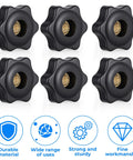 Six Pcs M6 Star Shaped Knobs With Hex Head Screw On Threaded Fasteners Black Hand Tighten Clamping Knobs