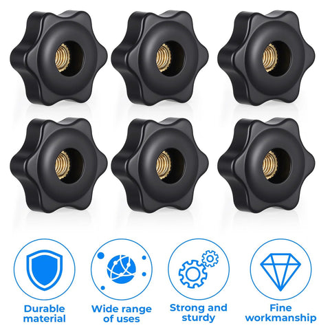 Six Pcs M6 Star Shaped Knobs With Hex Head Screw On Threaded Fasteners Black Hand Tighten Clamping Knobs
