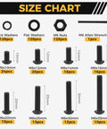 Size chart for ✝️ Homwin 512Pcs M6 Bolts and Nuts Kit, showing bolt sizes 10-35mm, washers, nuts, and Allen wrench.