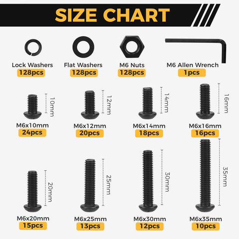 Size chart for ✝️ Homwin 512Pcs M6 Bolts and Nuts Kit, showing bolt sizes 10-35mm, washers, nuts, and Allen wrench.