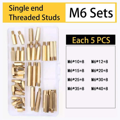 M6 Brass Standoff Screws Kit 40 Pcs Single End Female Threaded Hex Spacers PCB in storage box with size chart