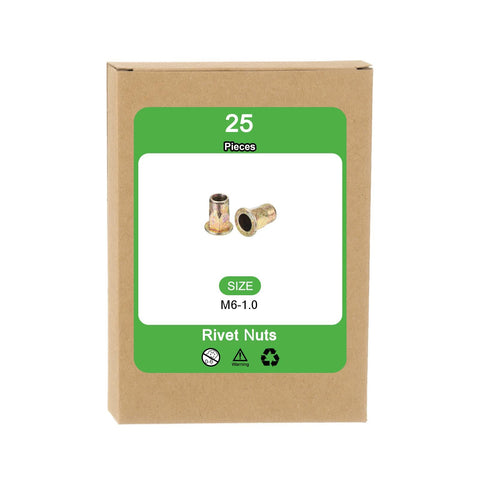 Package of 25 Half Hex Body Flange Rivet Nut Set M6 Carbon Steel Zinc Plated Threaded Insert Nuts with Knurled Body