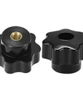 Five Pack M6 Internal Thread Clamping Knobs With 32mm Star Head Through Hole 7 Lobes Grip Black, front view.