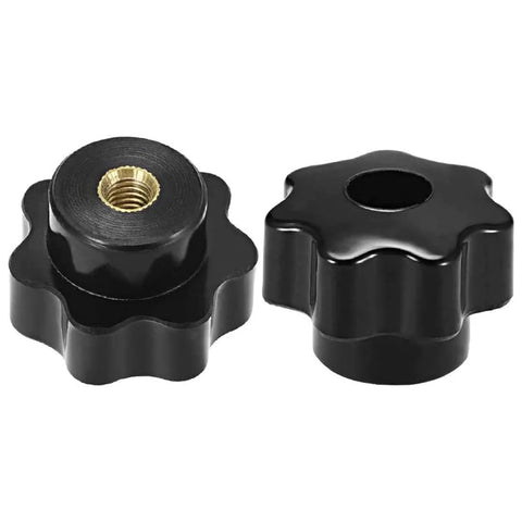 Five Pack M6 Internal Thread Clamping Knobs With 32mm Star Head Through Hole 7 Lobes Grip Black, front view.