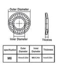 Diagram showing specifications of M6 Conical Knurled 304 Stainless Spring Washer 14mm OD 1mm Thick Pack of 50 with dimensions.