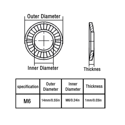 Diagram showing specifications of M6 Conical Knurled 304 Stainless Spring Washer 14mm OD 1mm Thick Pack of 50 with dimensions.