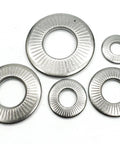 M6 Conical Knurled 304 Stainless Spring Washer 14mm OD 1mm Thick Pack of 50 displayed in various angles