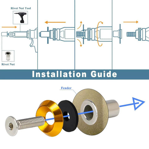Installation guide of 48 Piece M6 Widebody Fender Flare Hardware Kit With 18mm Tapered Washers Rivet Nuts Spacers And Hex Key Wrench For Bumpers Splitters Mud Flaps Undertrays Gold Finish Includes Anodized Aluminum Washers And Stainless Steel Bolts
