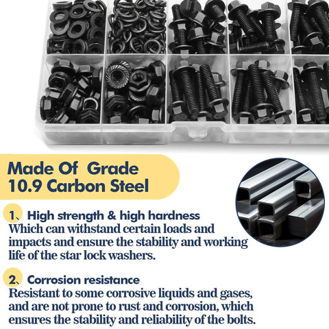M6 Flange Bolts Kit 240 Pack Full Thread Alloy Steel Black Oxide With Serrated Nuts And Washers in organized case, carbon steel