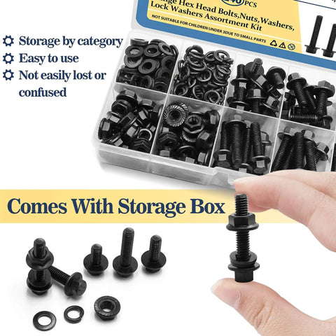 M6 Flange Bolts Kit 240 Pack Full Thread Alloy Steel Black Oxide with Serrated Nuts and Washers, organized in storage box with hand holding bolt
