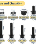 Image showing M6 Flange Bolts Kit 240 Pack Full Thread Alloy Steel Black Oxide With Serrated Nuts and Washers, various sizes labeled.