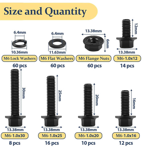 Image showing M6 Flange Bolts Kit 240 Pack Full Thread Alloy Steel Black Oxide With Serrated Nuts and Washers, various sizes labeled.