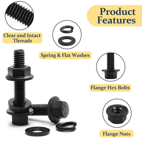M6 Flange Bolts Kit 240 Pack Full Thread Alloy Steel Black Oxide With Serrated Nuts And Washers 12 16 20 25 30mm, product features display