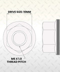 Diagram showing front and side view of M6 X 1.0 Flange Nut Set, 500 Pack Black Zinc Steel Grade 10.9 With 10mm Drive, dimensions labeled.