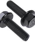 Close-up of M6 Flanged Hex Head Bolts 1.0 x 20mm 10.9 Grade Alloy Steel Black Zinc Plated, showcasing two bolts from the 49 pcs set.