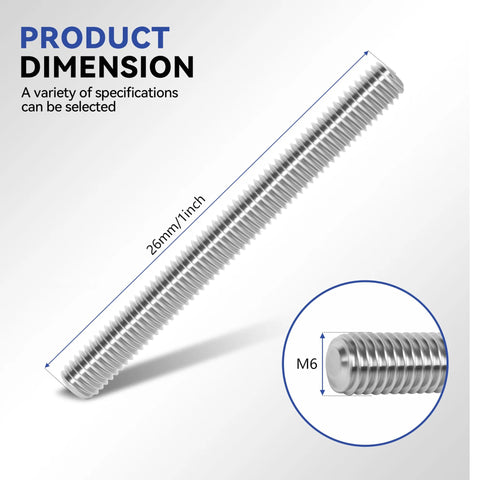 Heavy Duty 12 Piece M6 Fully Threaded Rod Set In 304 Stainless Steel 26mm 1 Inch Long Right Hand Threads With 24 Hex Nuts Rust Proof And High Strength
