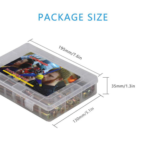Side view of the plastic box from 150Pcs M6 Hardware Replacement Kit dimensions shown