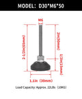 Furniture Leveling Feet 2 Pieces M6 Threaded Adjustable Levelers And Leg Extenders For Cabinets Sofas Tables And Chairs Raiser With 50mm Height Adjustment, 30mm base shown with measurements