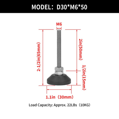 Furniture Leveling Feet 2 Pieces M6 Threaded Adjustable Levelers And Leg Extenders For Cabinets Sofas Tables And Chairs Raiser With 50mm Height Adjustment, 30mm base shown with measurements